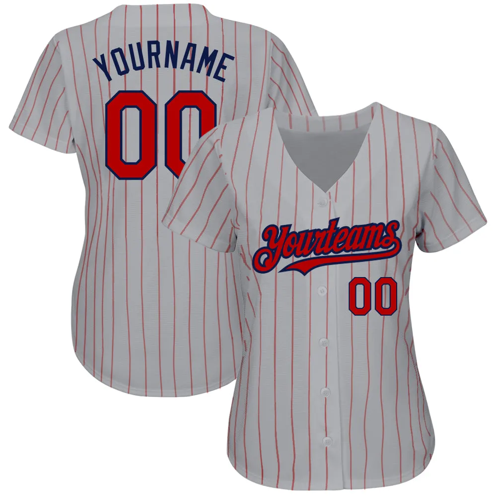 Custom Gray Red Pinstripe Navy Authentic Baseball Jersey