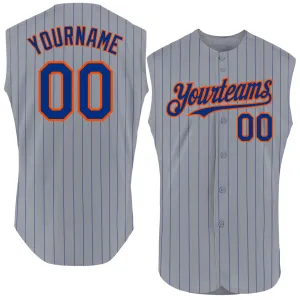 Custom Gray Royal Pinstripe Orange Authentic Sleeveless Baseball Jersey