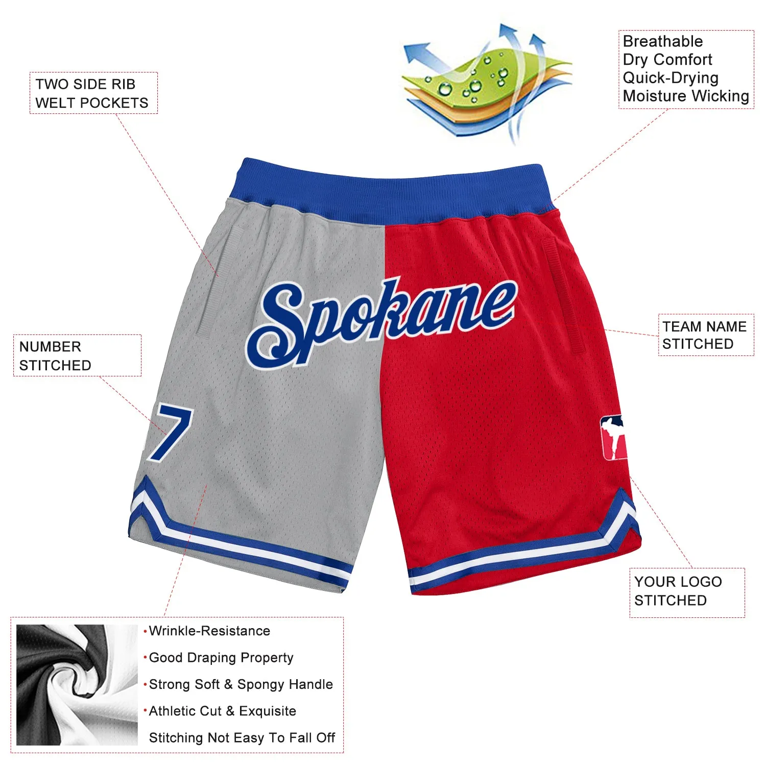 Custom Gray Royal-Red Authentic Throwback Split Fashion Basketball Shorts