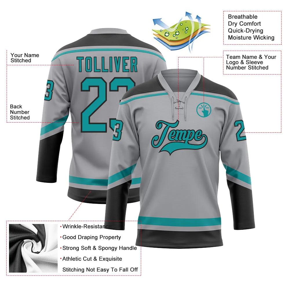 Custom Gray Teal-Black Hockey Lace Neck Jersey