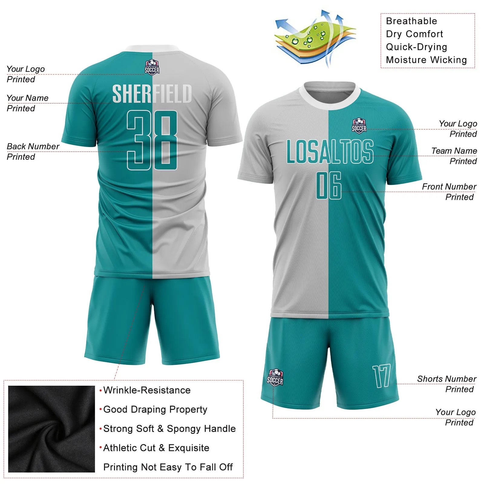 Custom Gray Teal-White Sublimation Split Fashion Soccer Uniform Jersey