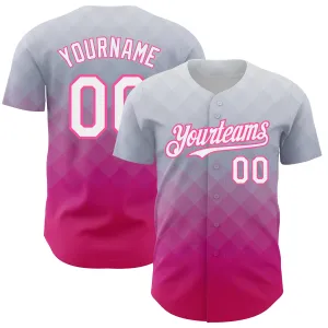 Custom Gray White-Pink 3D Pattern Design Square Authentic Baseball Jersey