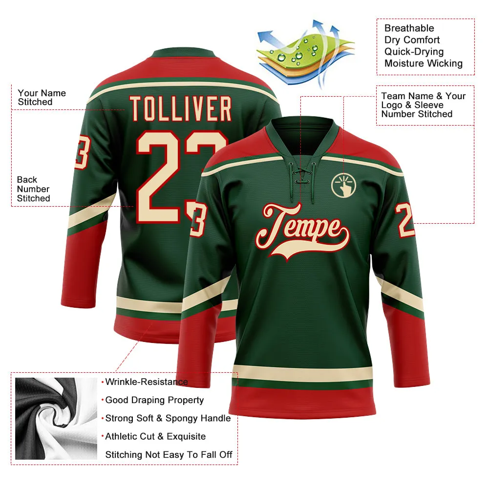 Custom Green City Cream-Red Hockey Lace Neck Jersey