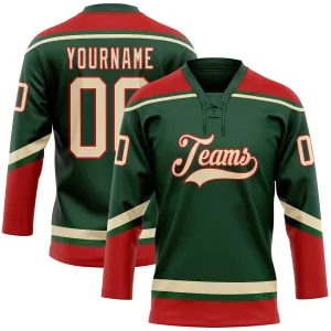 Custom Green City Cream-Red Hockey Lace Neck Jersey