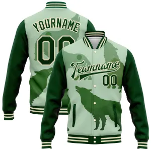 Custom Green Cream Wolf 3D Pattern Design Bomber Full-Snap Varsity Letterman Jacket