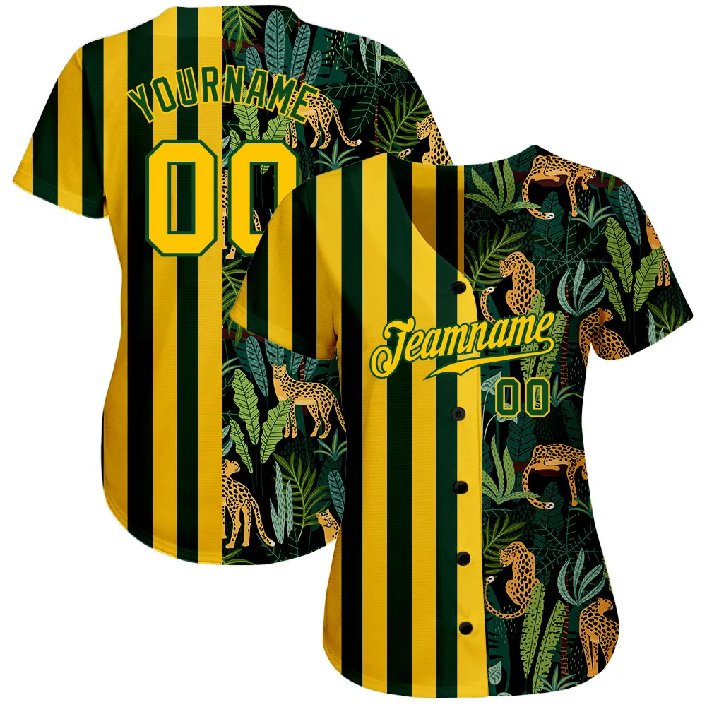 Custom Green Gold-Black 3D Pattern Design Leopards And Tropical Palm Leaves Authentic Baseball Jersey