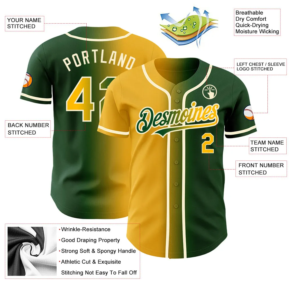 Custom Green Gold-Cream Authentic Gradient Fashion Baseball Jersey