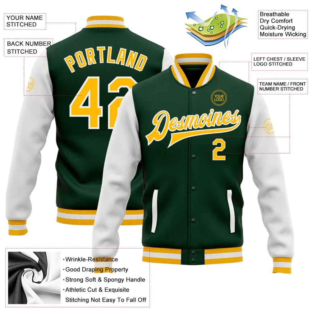 Custom Green Gold-White Bomber Full-Snap Varsity Letterman Two Tone Jacket