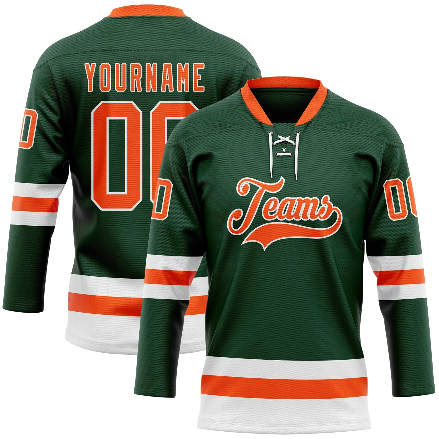 Custom Green Orange-White Hockey Lace Neck Jersey