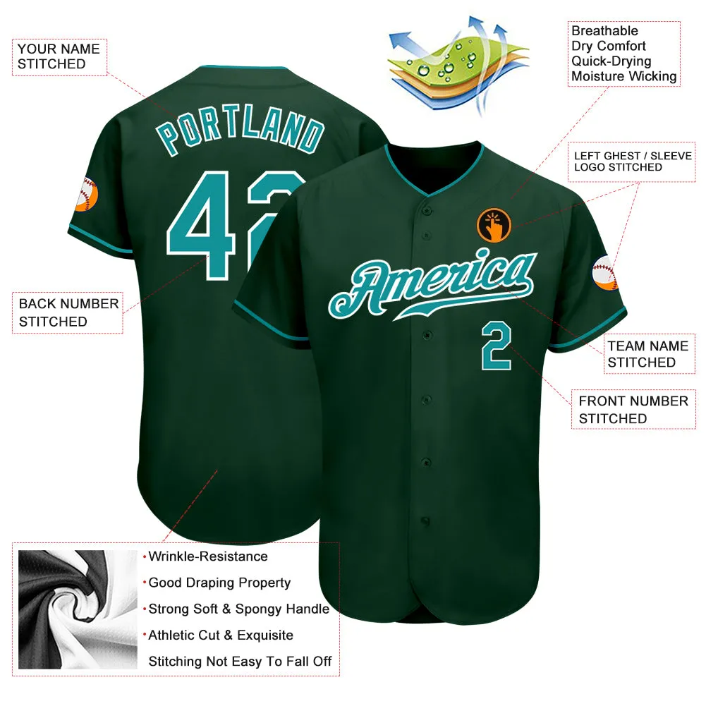 Custom Green Teal-White Authentic Baseball Jersey