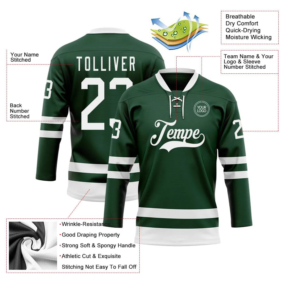 Custom Green White Hockey Lace Neck Jersey