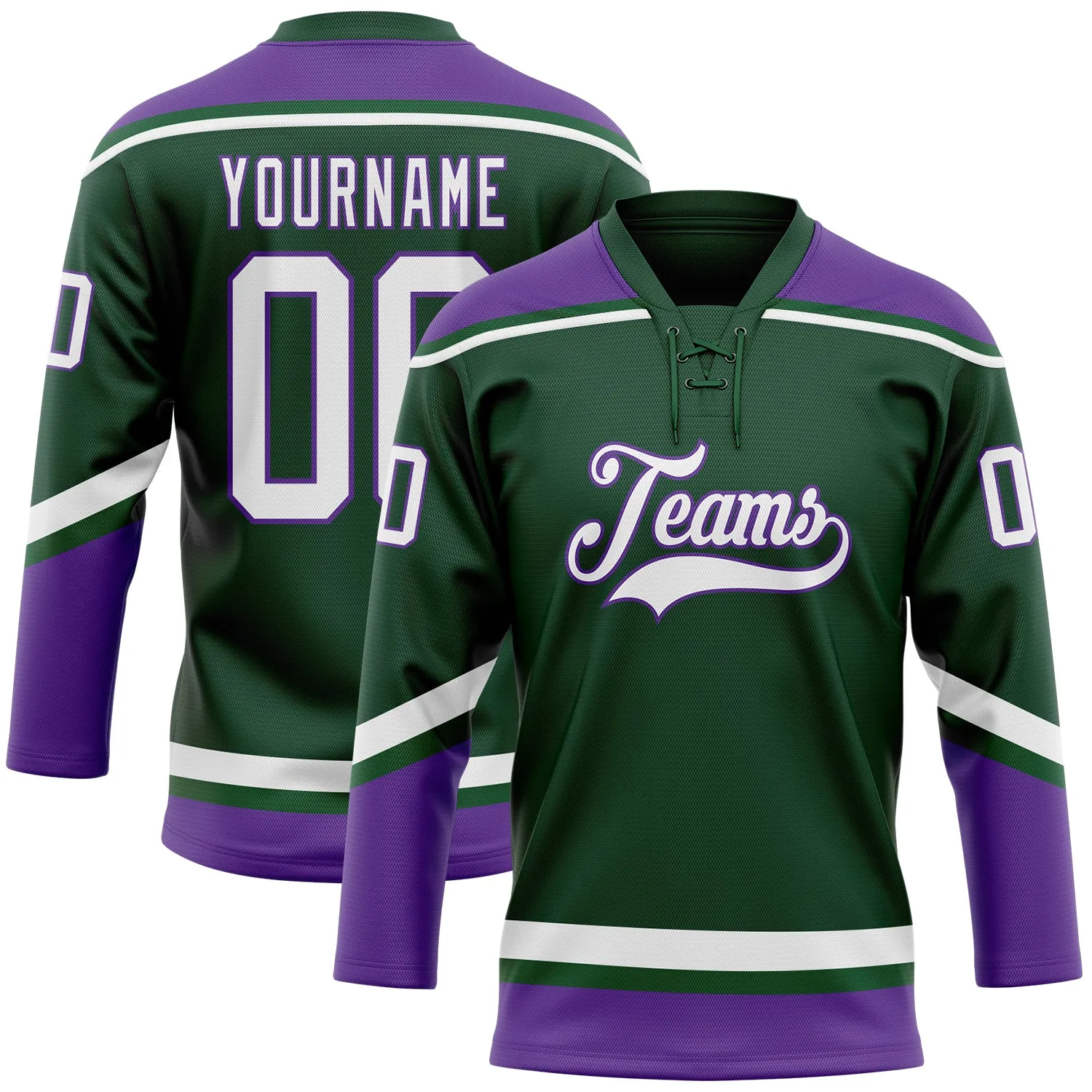 Custom Green White-Purple Hockey Lace Neck Jersey