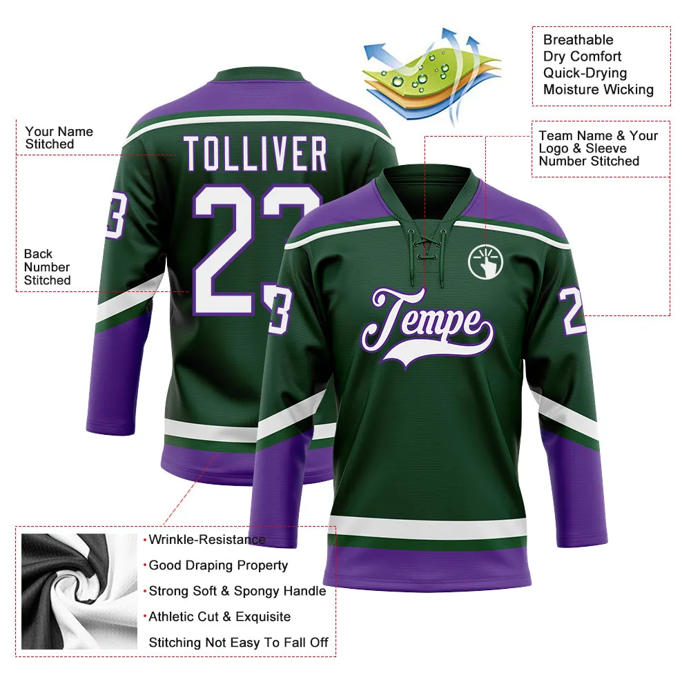 Custom Green White-Purple Hockey Lace Neck Jersey