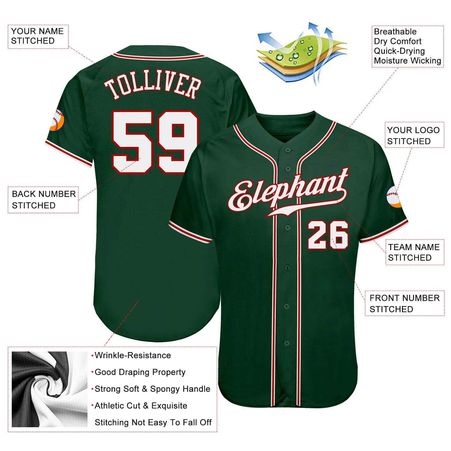 Custom Green White-Red Authentic Baseball Jersey