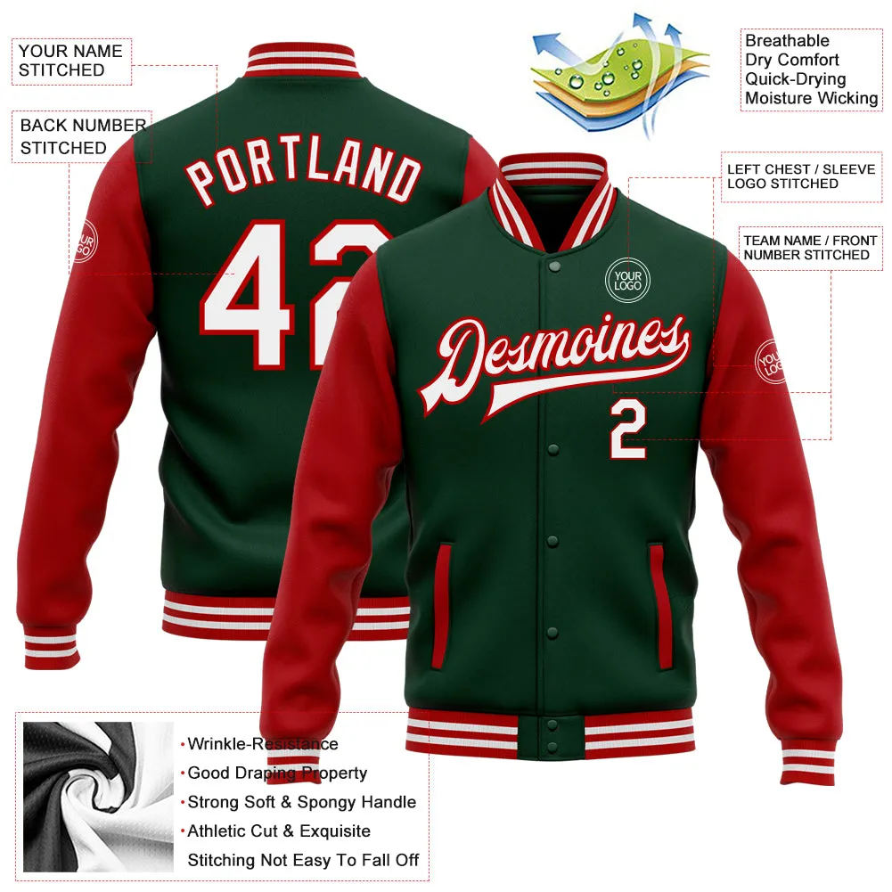 Custom Green White-Red Bomber Full-Snap Varsity Letterman Two Tone Jacket