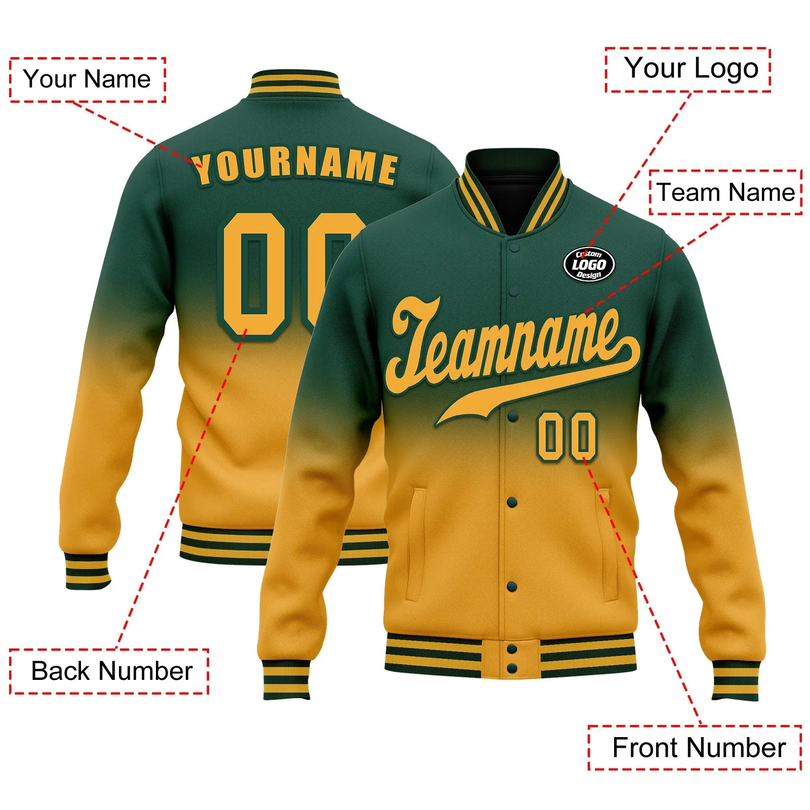 Custom Green Yellow Fade Fashion Jacket Bomber Full-Snap Varsity Letterman Personalized Jacket FZ005-D020229-5