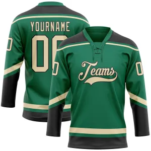 Custom Kelly Green City Cream-Black Hockey Lace Neck Jersey