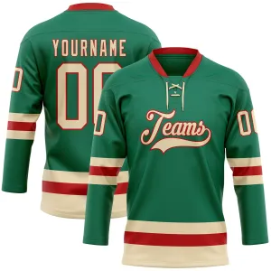 Custom Kelly Green Cream-Red Hockey Lace Neck Jersey