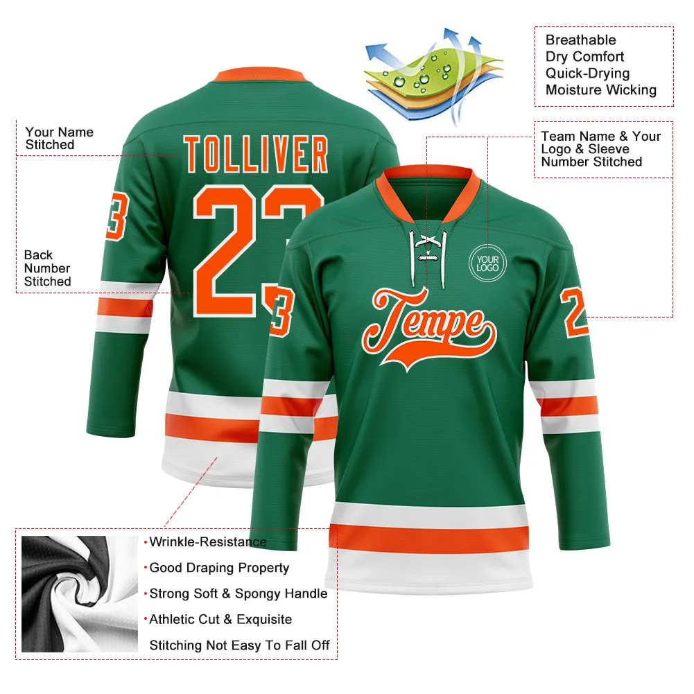 Custom Kelly Green Orange-White Hockey Lace Neck Jersey