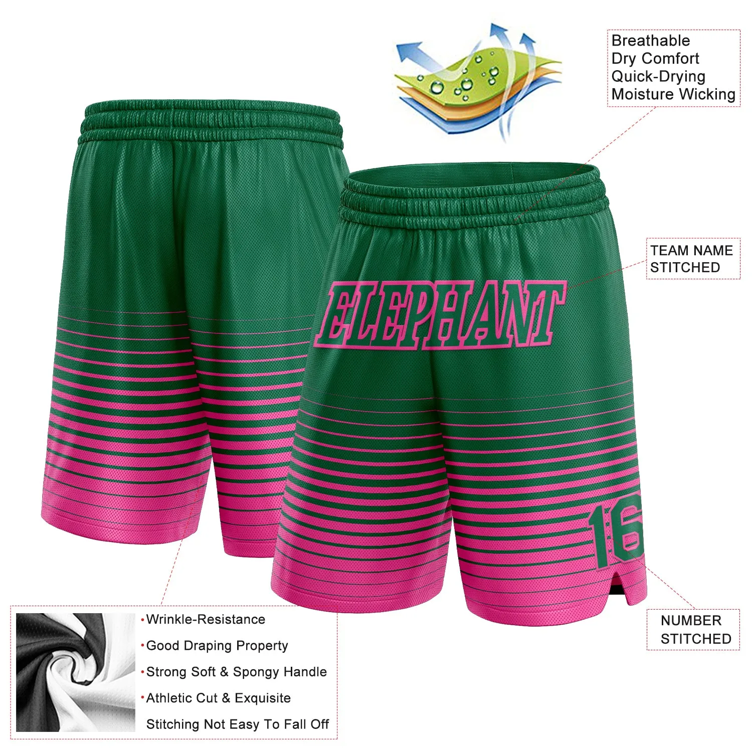 Custom Kelly Green Pink Pinstripe Fade Fashion Authentic Basketball Shorts