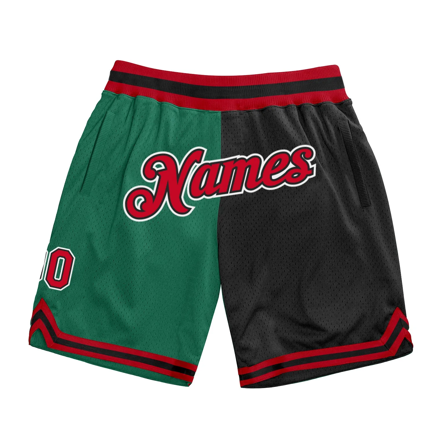 Custom Kelly Green Red-Black Authentic Throwback Split Fashion Basketball Shorts