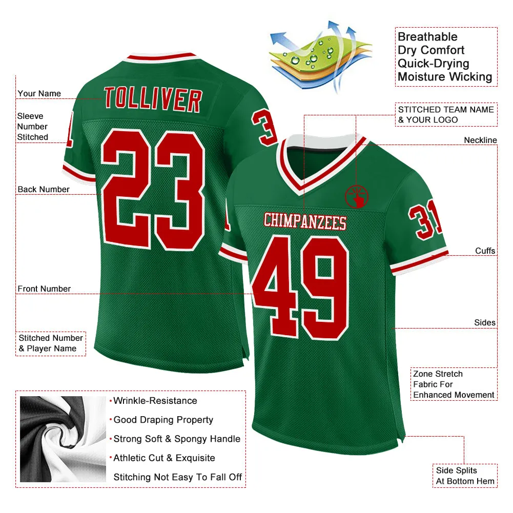 Custom Kelly Green Red-White Mesh Authentic Throwback Football Jersey