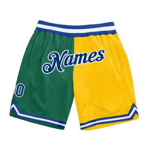 Custom Kelly Green Royal-Gold Authentic Throwback Split Fashion Basketball Shorts