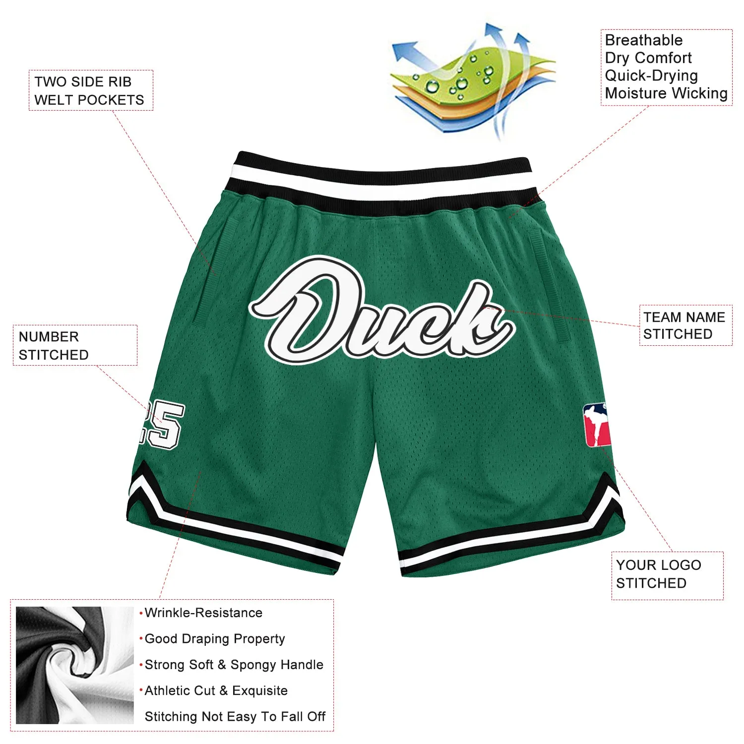 Custom Kelly Green White-Black Authentic Throwback Basketball Shorts