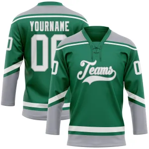 Custom Kelly Green White-Gray Hockey Lace Neck Jersey