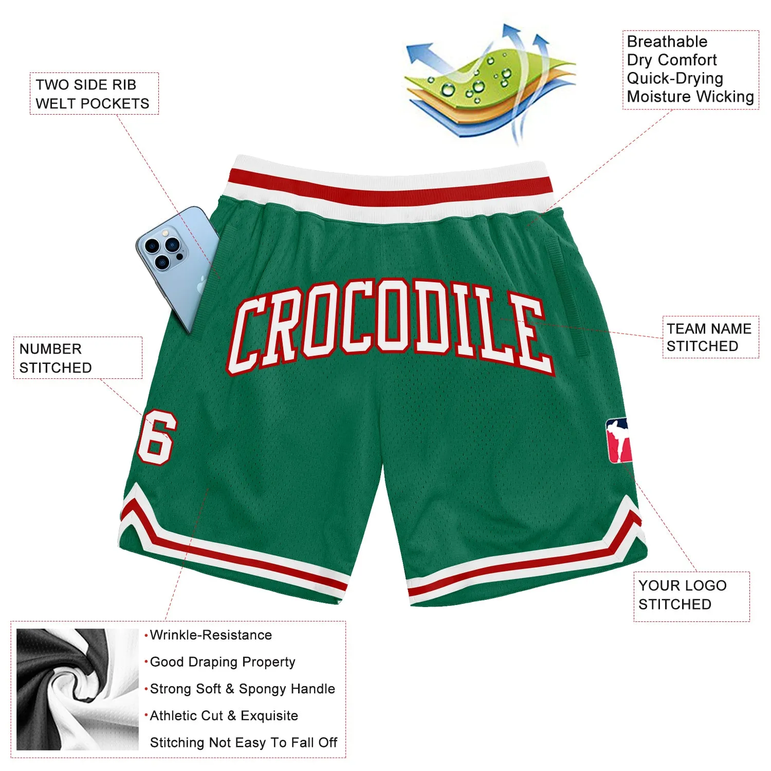 Custom Kelly Green White-Red Authentic Throwback Basketball Shorts