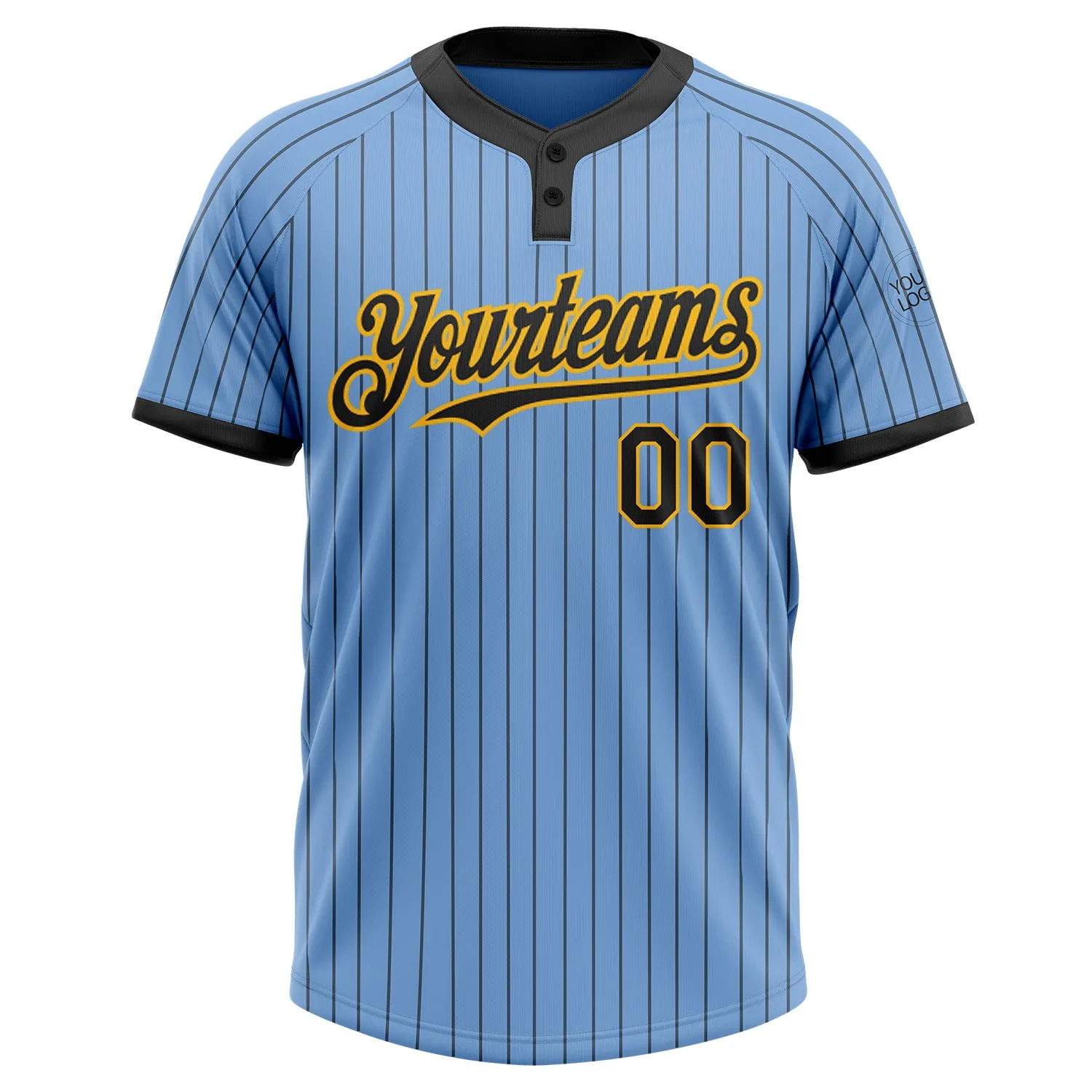 Custom Light Blue Black Pinstripe Gold Two-Button Unisex Softball Jersey