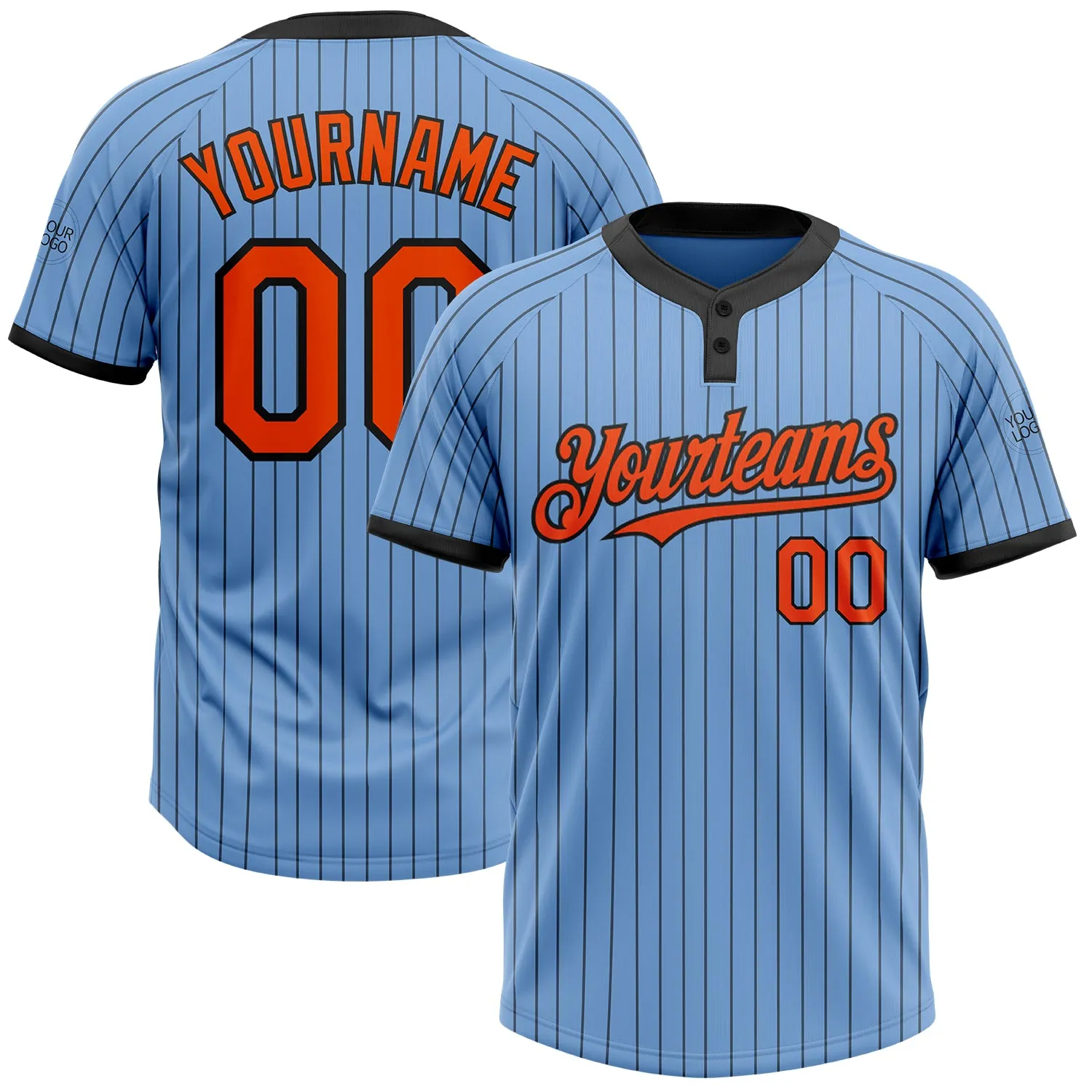 Custom Light Blue Black Pinstripe Orange Two-Button Unisex Softball Jersey