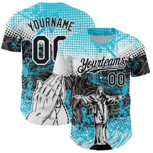 Custom Light Blue Black-White 3D Pattern Design Religion Jesus Christ Authentic Baseball Jersey