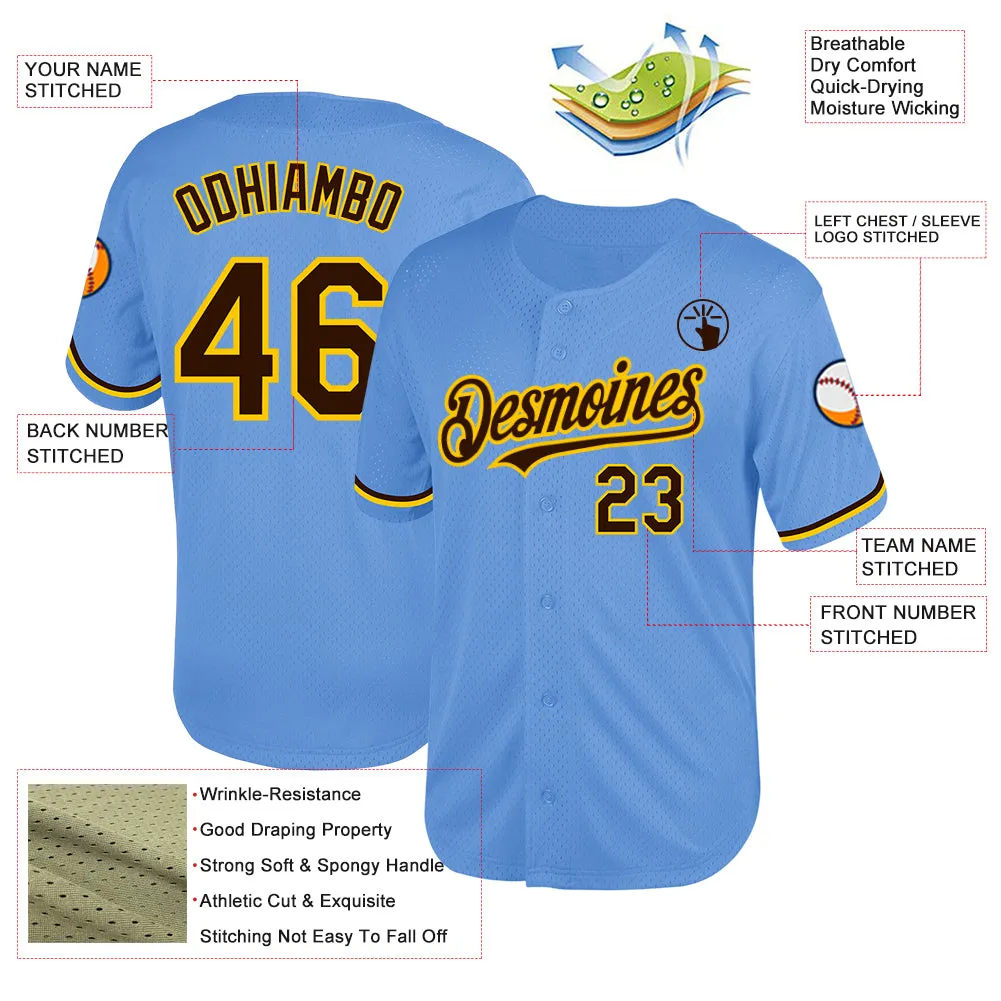 Custom Light Blue Brown-Yellow Mesh Authentic Throwback Baseball Jersey