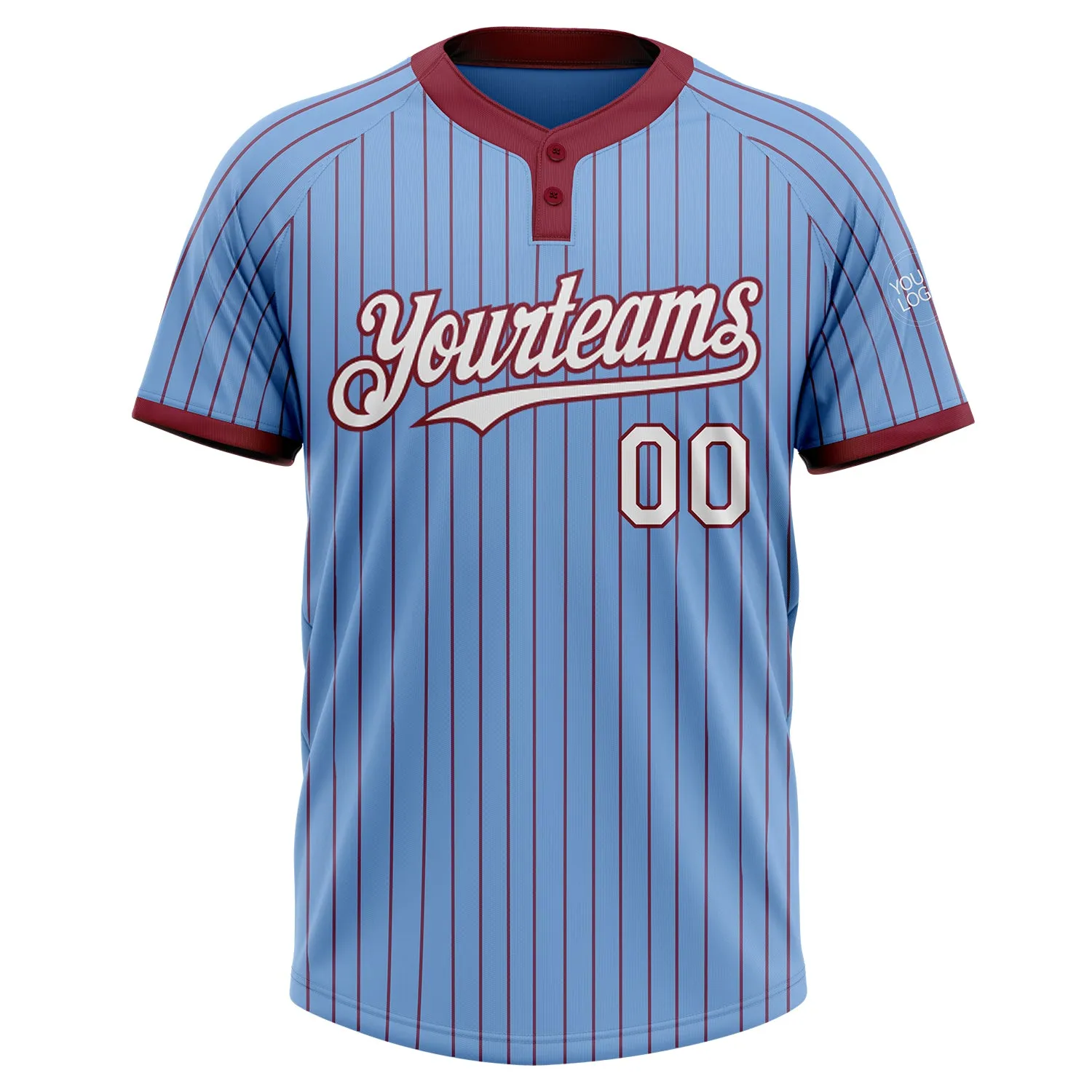 Custom Light Blue Crimson Pinstripe White Two-Button Unisex Softball Jersey