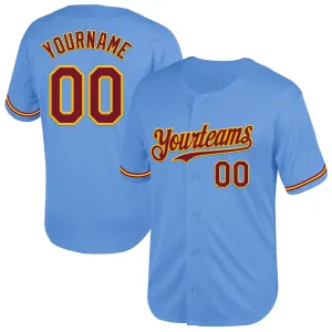 Custom Light Blue Crimson-Yellow Mesh Authentic Throwback Baseball Jersey