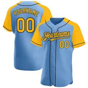 Custom Light Blue Gold-Black Authentic Raglan Sleeves Baseball Jersey