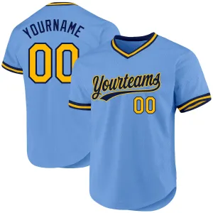 Custom Light Blue Gold-Navy Authentic Throwback Baseball Jersey