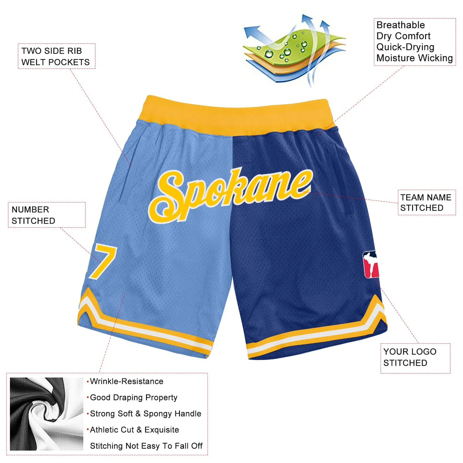 Custom Light Blue Gold-Royal Authentic Throwback Split Fashion Basketball Shorts