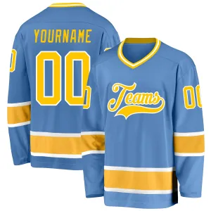 Custom Light Blue Gold-White Hockey Jersey