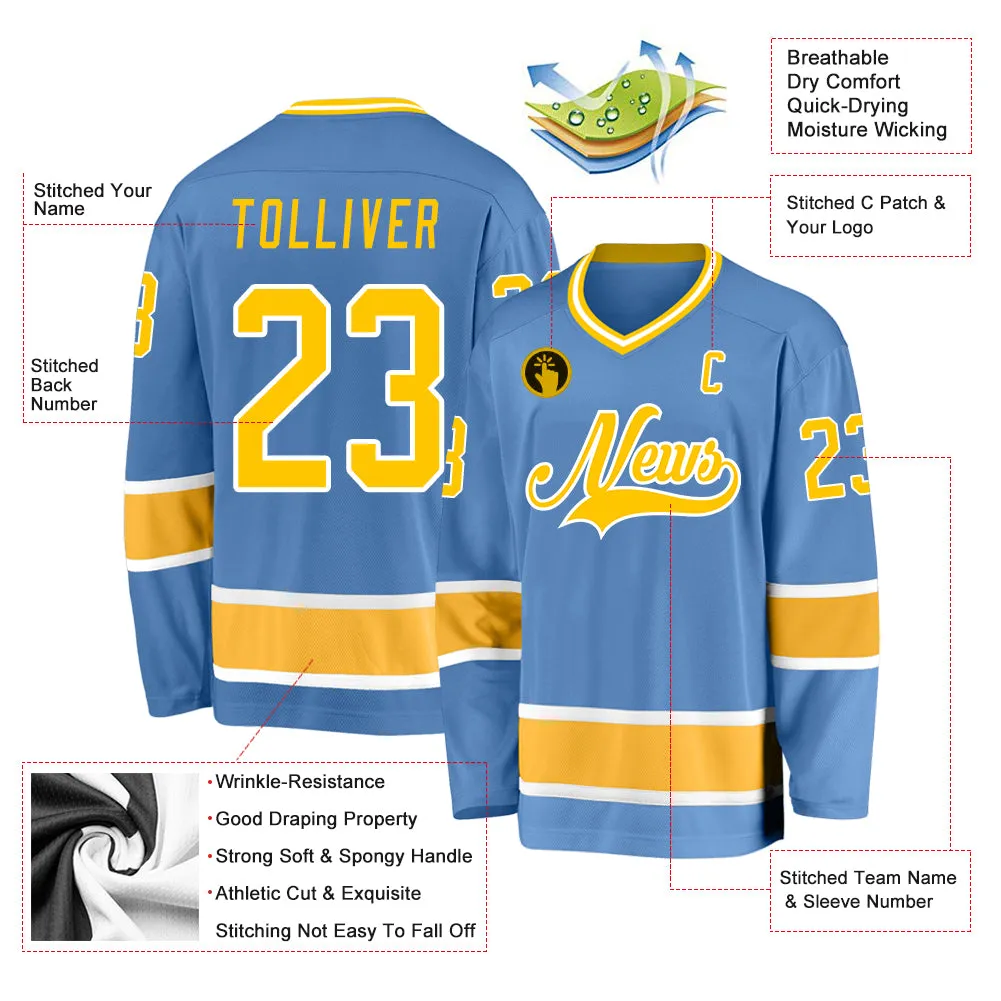 Custom Light Blue Gold-White Hockey Jersey