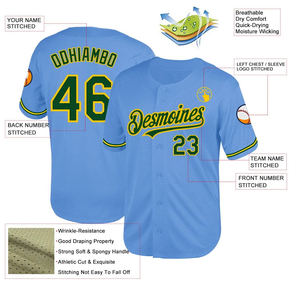 Custom Light Blue Green-Yellow Mesh Authentic Throwback Baseball Jersey