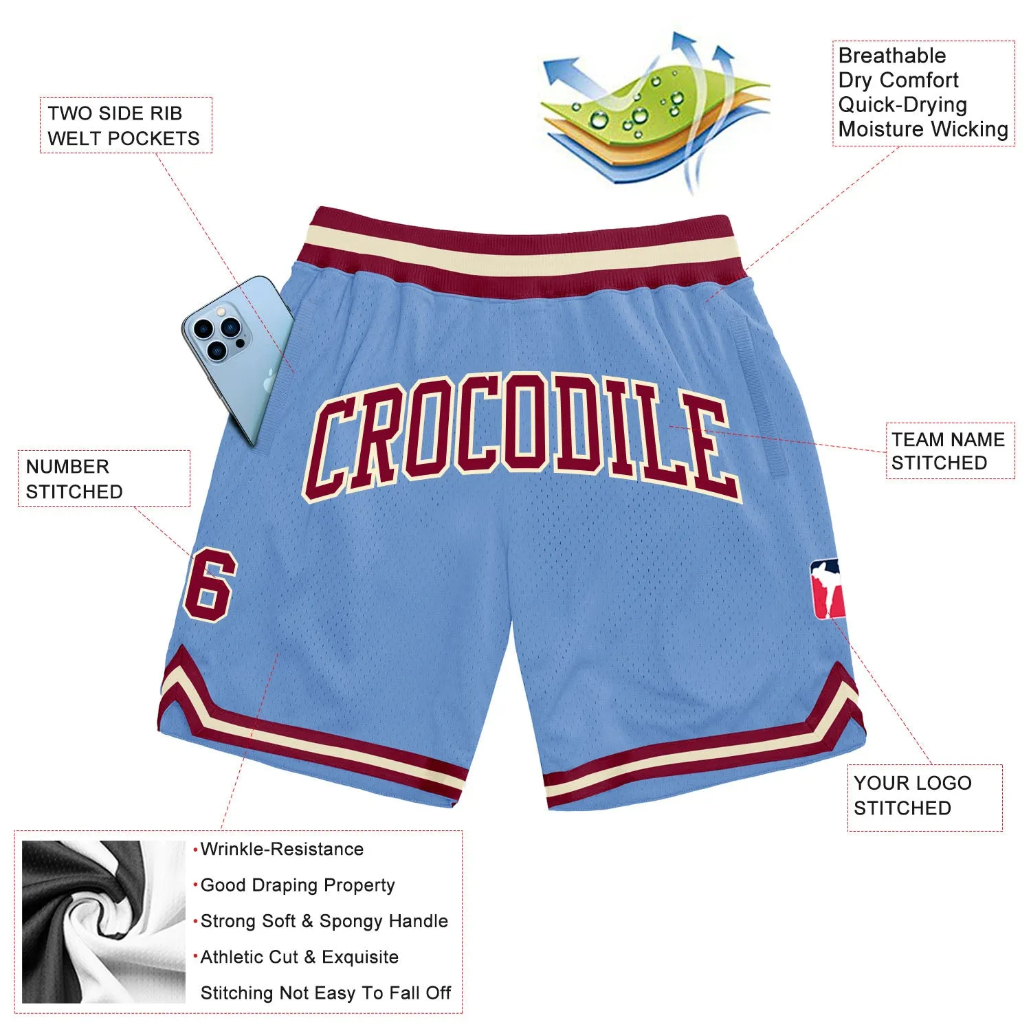 Custom Light Blue Maroon-Cream Authentic Throwback Basketball Shorts