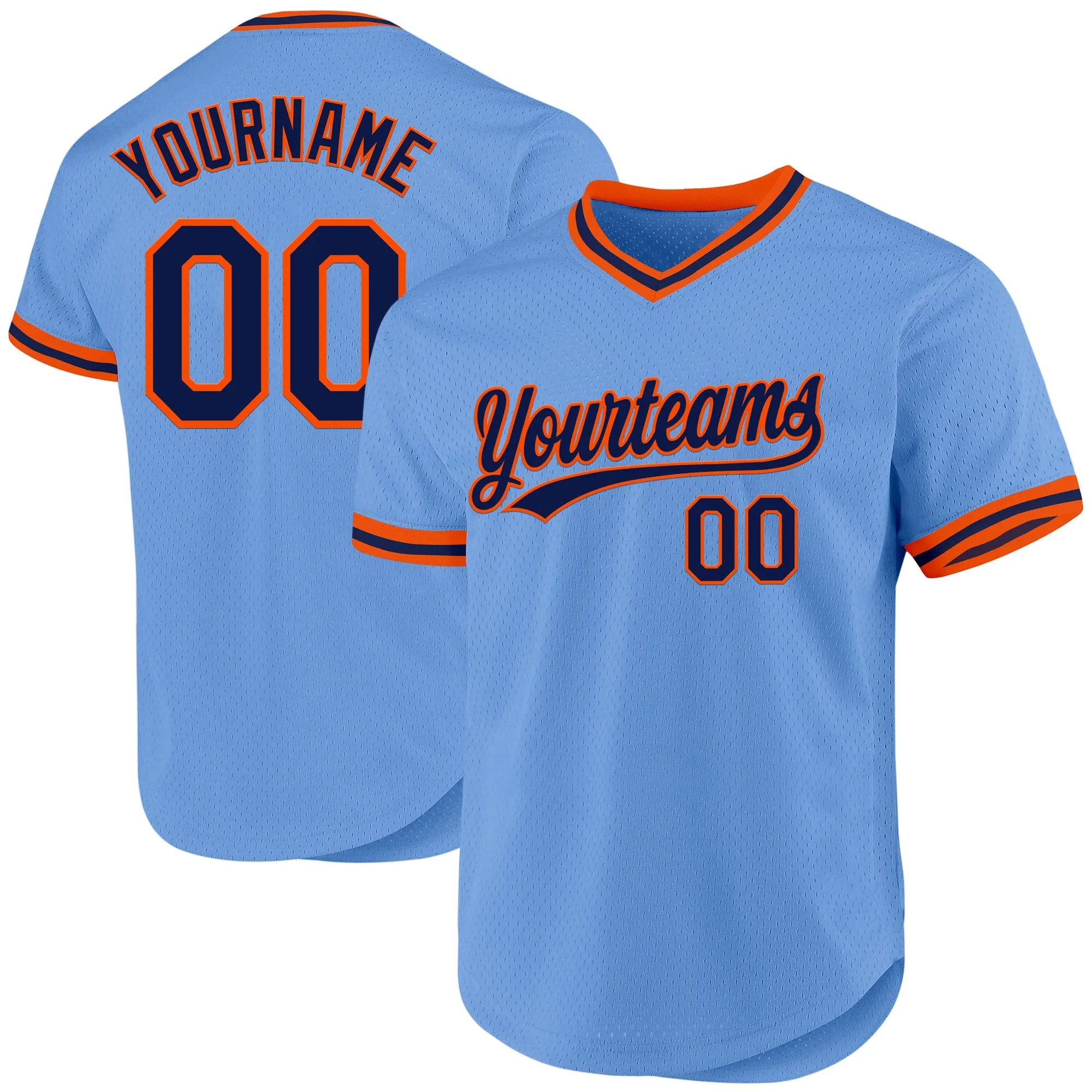 Custom Light Blue Navy-Orange Authentic Throwback Baseball Jersey