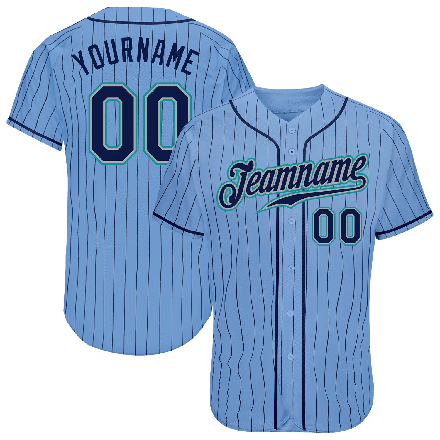 Custom Light Blue Navy Pinstripe Navy-Teal Authentic Baseball Jersey