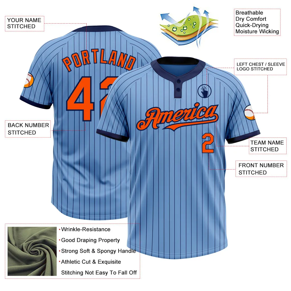 Custom Light Blue Navy Pinstripe Orange Two-Button Unisex Softball Jersey