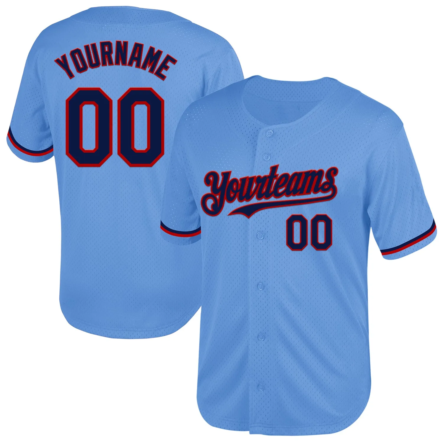 Custom Light Blue Navy-Red Mesh Authentic Throwback Baseball Jersey