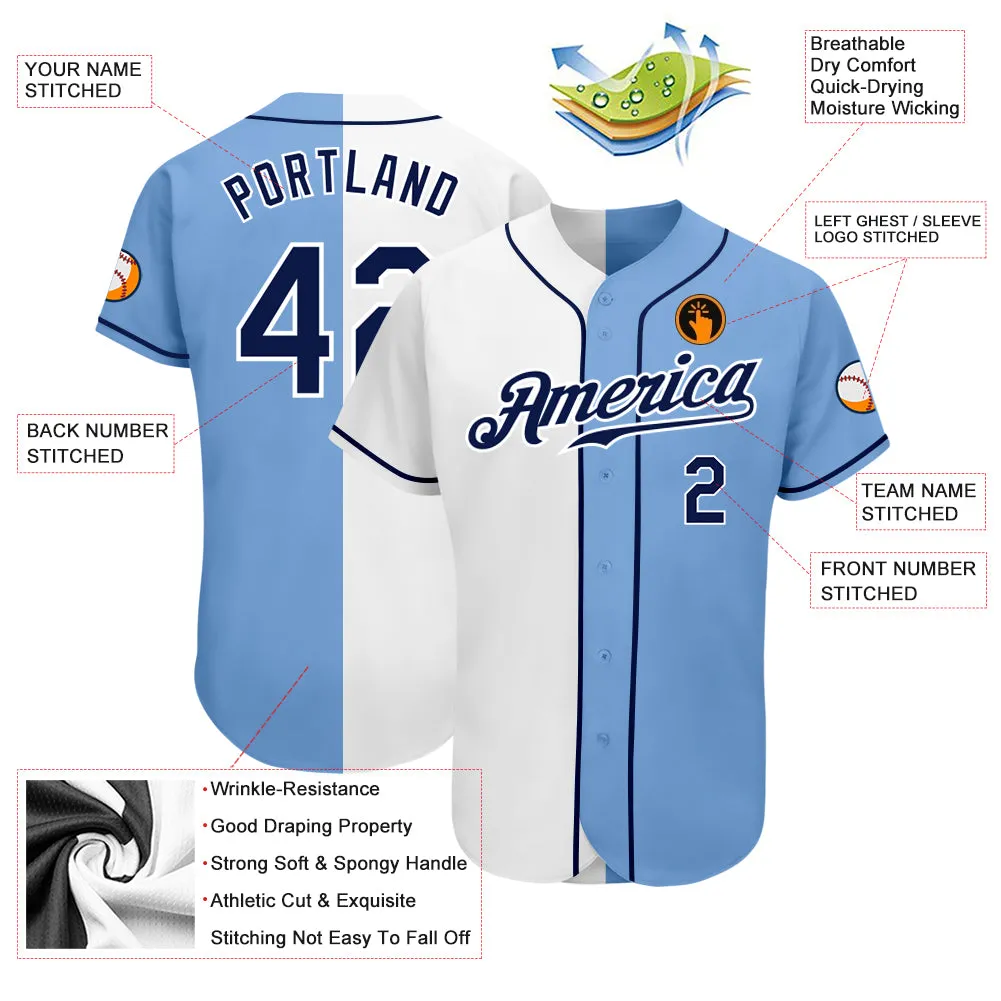 Custom Light Blue Navy-White Authentic Split Fashion Baseball Jersey