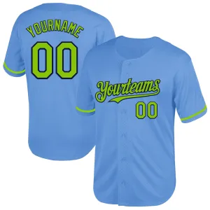 Custom Light Blue Neon Green-Navy Mesh Authentic Throwback Baseball Jersey