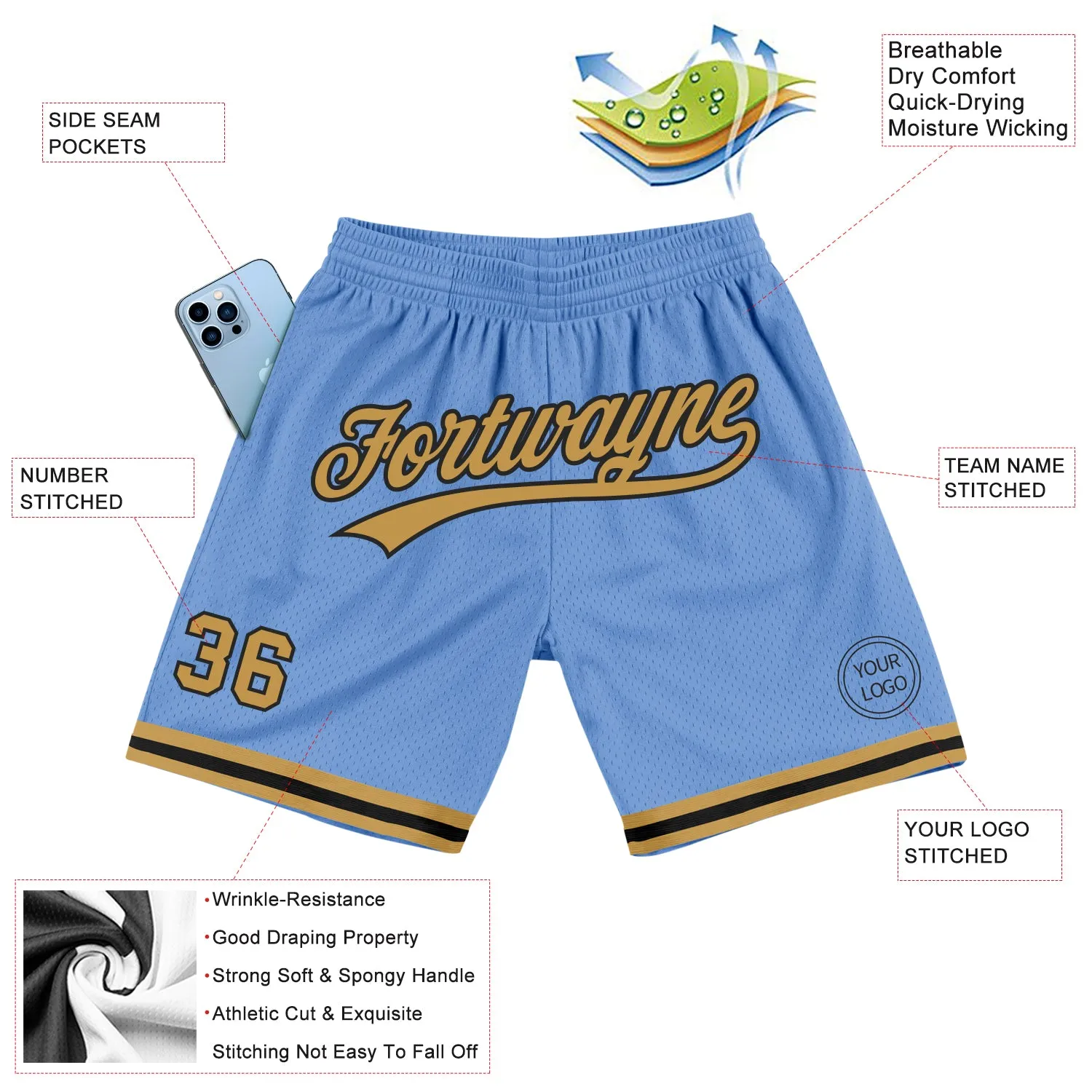 Custom Light Blue Old Gold-Black Authentic Throwback Basketball Shorts